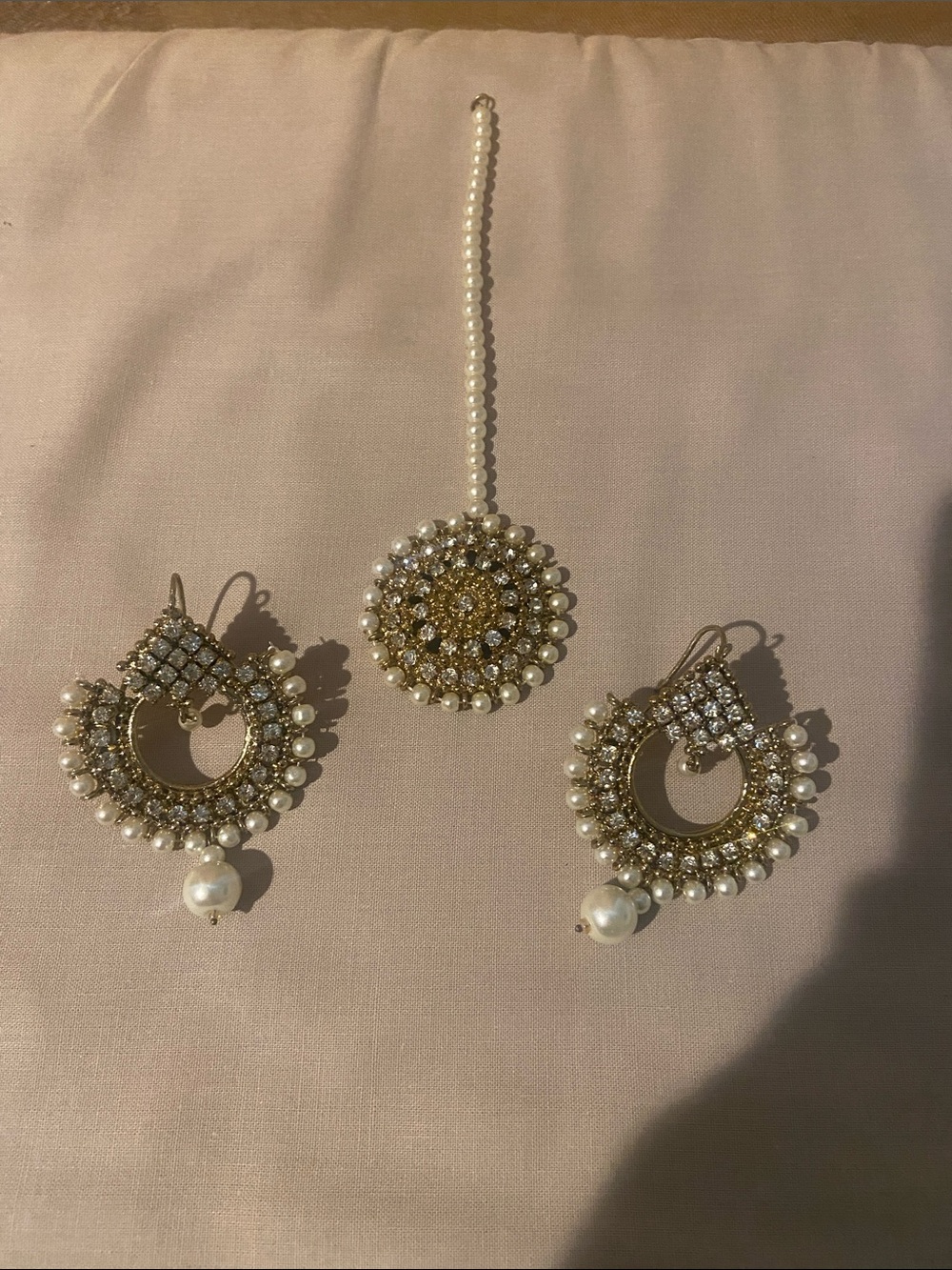 Gold and Pearl Chandbali Earrings with Maang Tikka - White Pearls